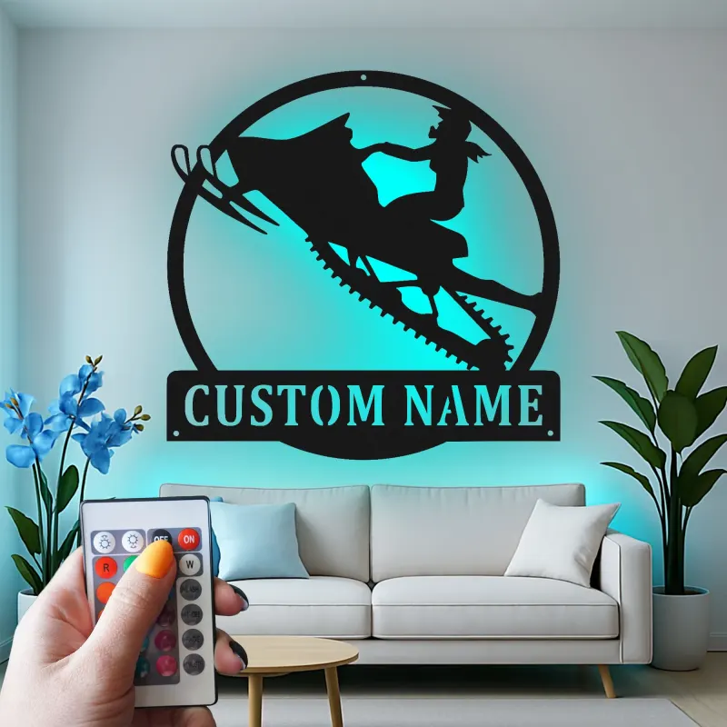 Custom Snowmobile LED Metal Sign | Personalized Rider Silhouette Wall Art | Winter Sports Decor Gift