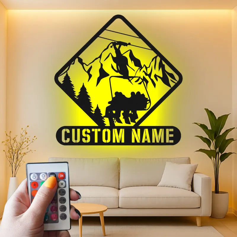 Custom Ski Lift Metal Sign | Personalized Mountain LED Wall Art | Ski Lodge Decor & Gift for Skiers