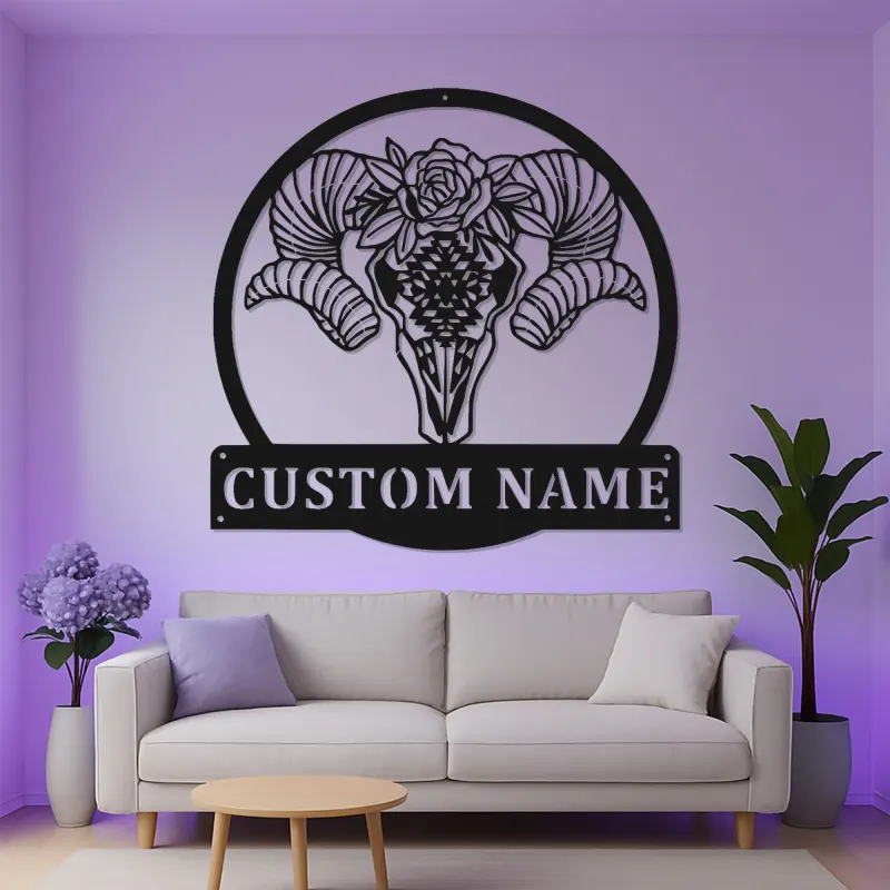 Insegna in metallo personalizzata con teschio di montone | Insegna LED per decorazione boho e rustica | Regalo unico in stile sud-occidentale