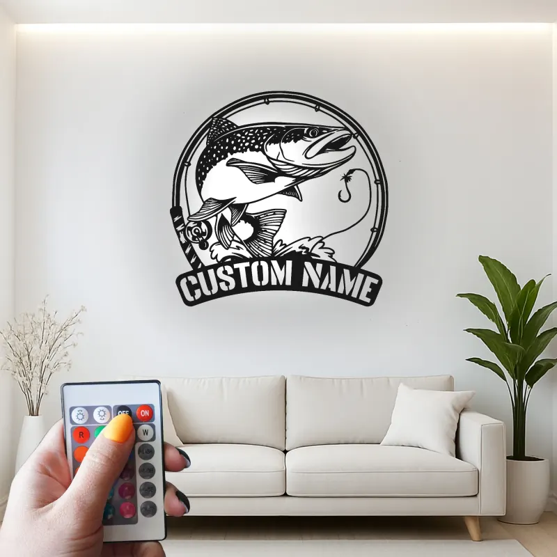 Panneau de pêche personnalisé avec LED | Décoration murale en métal sur mesure | Déco de maison de lac et salle de loisirs | Cadeau pour pêcheur
