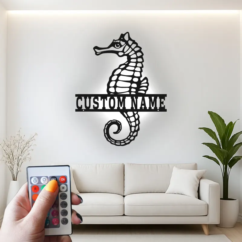 Panneau Métal LED Hippocampe Personnalisé | Décoration Murale Nautique Personnalisée | Décor Maison Côtière & Cadeau pour Amoureux de l'Océan