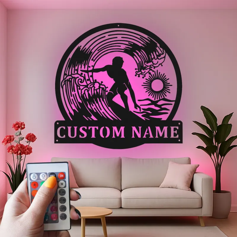 Personalized Surfer Light Metal Wall Art | Custom Name Sign for Beach House Decor | Coastal Surfing Gift