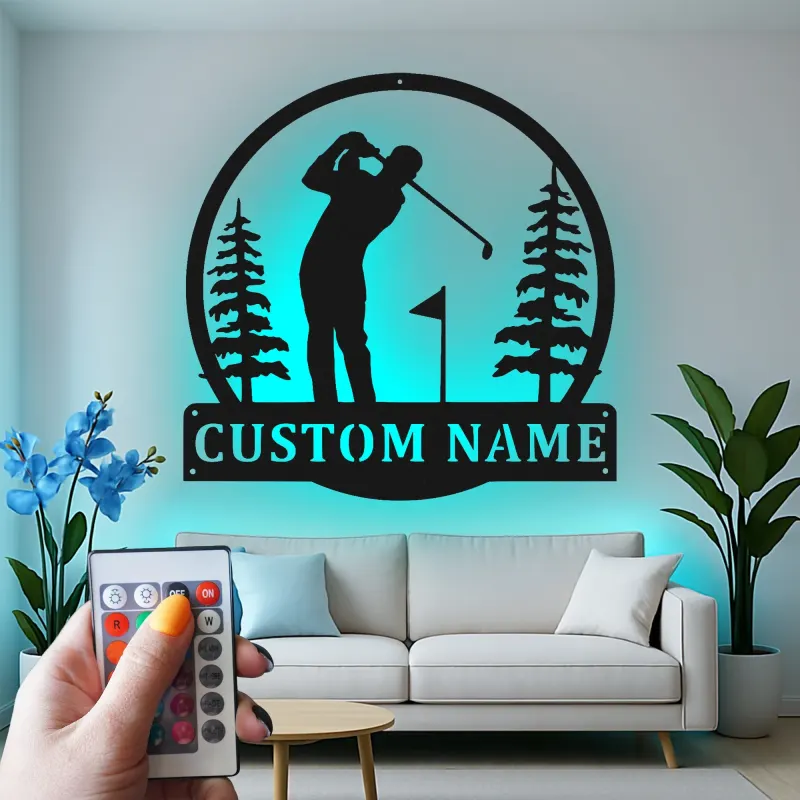 Cartel LED de golf personalizado | Decoración mural de metal a medida para sala de ocio | Decoración con nombre de golfista | Regalo para papá