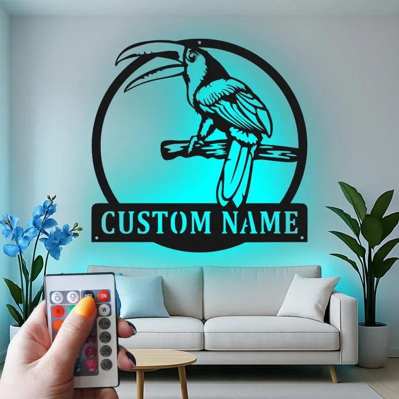 Toucan Metall-Wandkunst mit LED-Licht | Personalisierbares tropisches Vogelschild für Patio & Garten Dekor | Geschenk für Vogel-Liebhaber