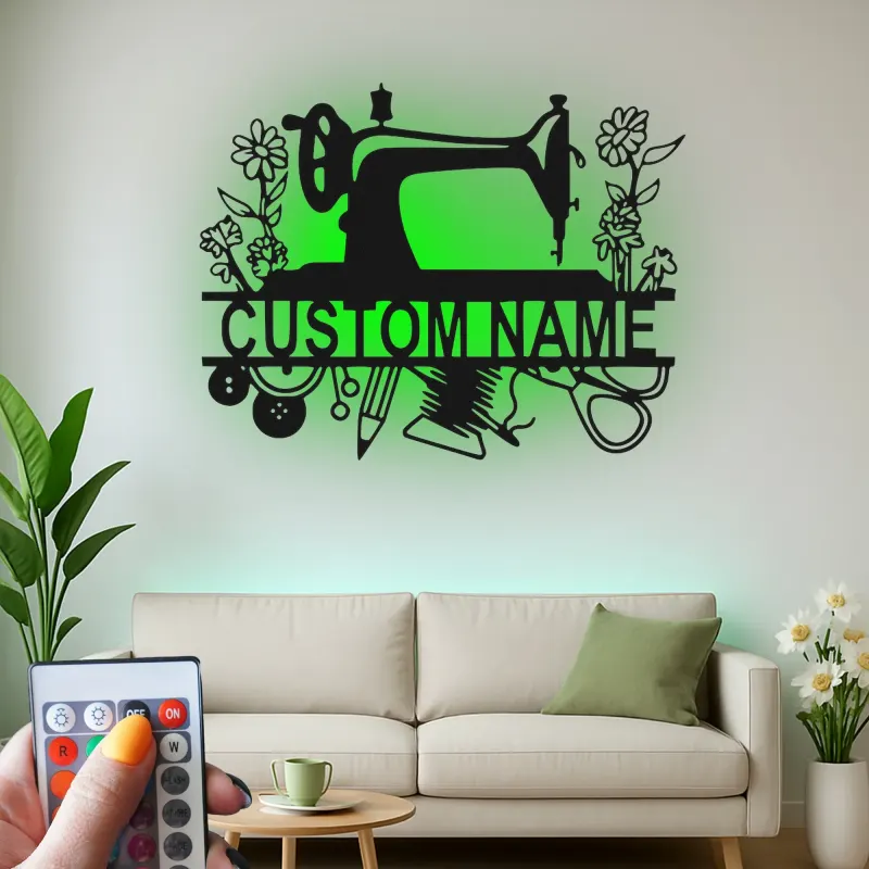 Personalized Sewing Machine LED Sign | Custom Metal Wall Art for Craft Room | Vintage Floral Seamstress Gift