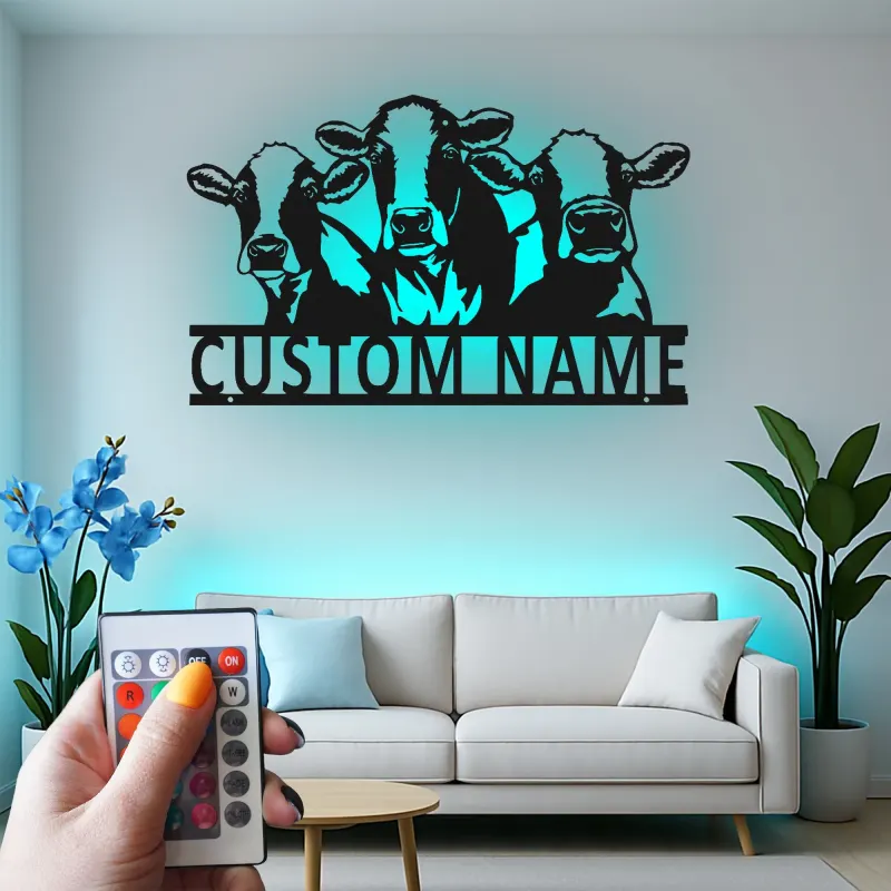 Décoration murale en métal personnalisée avec trio de vaches et rétroéclairage LED - Cadeau de ferme pour une cuisine rustique ou une grange