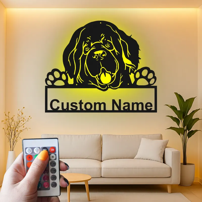 Cartel de metal personalizado con luz LED de perro de Terranova, regalo para padres de mascotas, decoración de salón o entrada