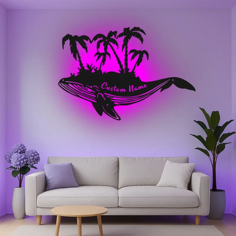 Décoration murale en métal personnalisée avec baleine et palmiers, lumière LED, cadeau unique pour les amoureux de l'océan, décoration de maison de plage