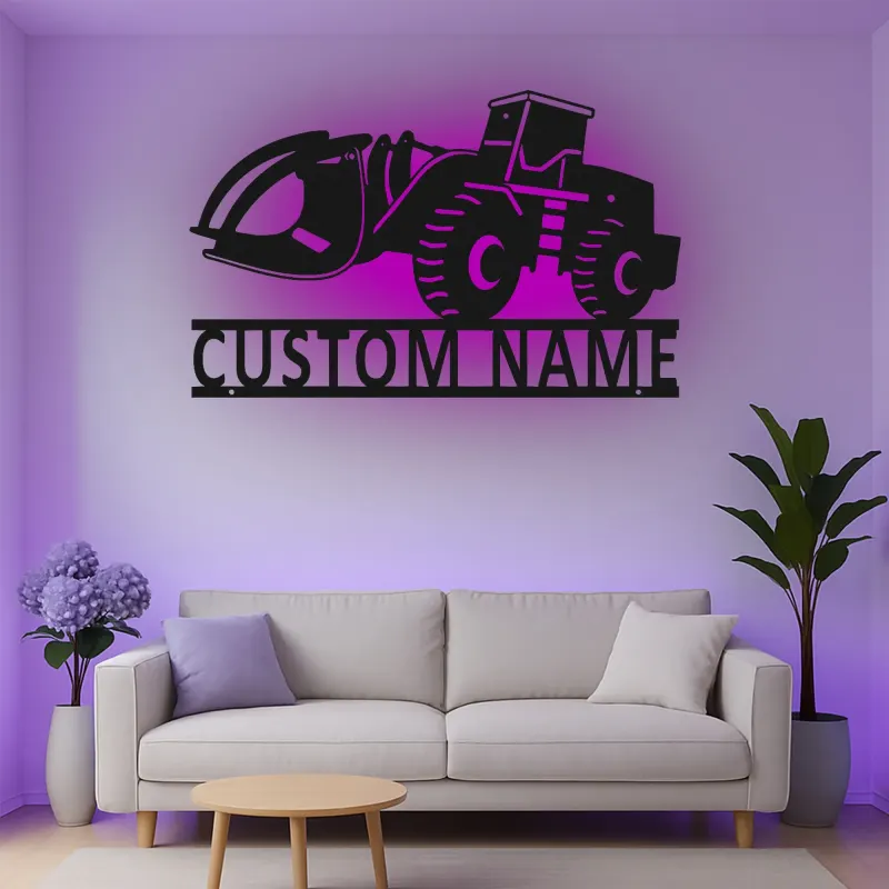 Décoration murale en métal LED personnalisée pour excavateur - Cadeau pour passionnés de construction - Décor de garage ou de bureau