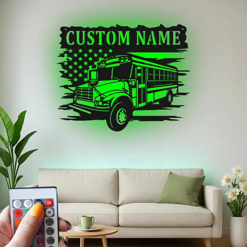 Personalized School Bus Driver LED Sign | American Flag Metal Wall Art | Custom Name Gift for Garage or Office Decor