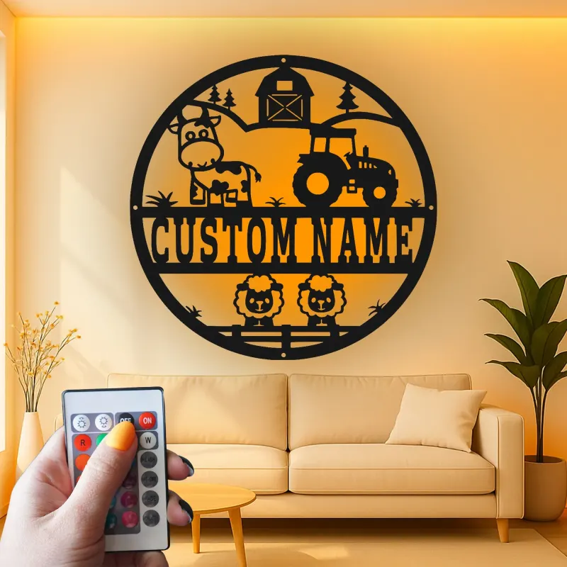 Insegna in metallo personalizzata con scena di fattoria e luce LED regalo per agricoltori decorazione rustica per la casa