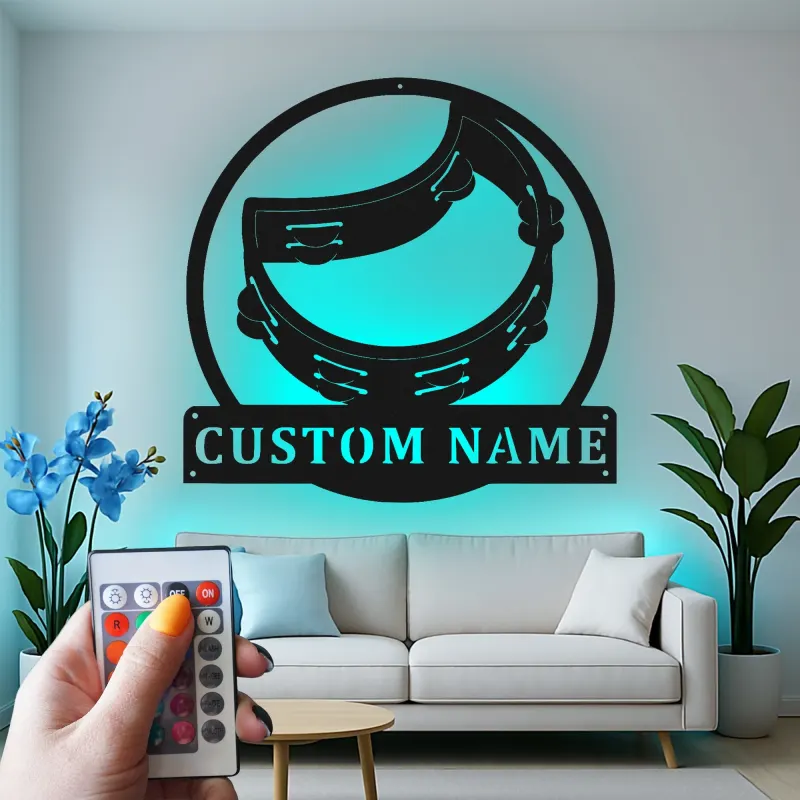 Personalized Tambourine Sign | LED Metal Wall Art for Music Room | Custom Musician Nameplate | Percussionist Gift