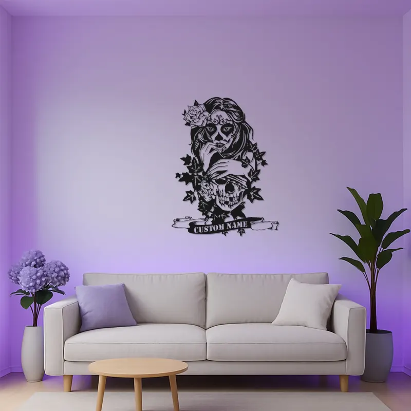 Sugar Skull LED Metal Sign | Personalized Gothic Wall Art | Custom Name Decor for Tattoo Studio & Salon
