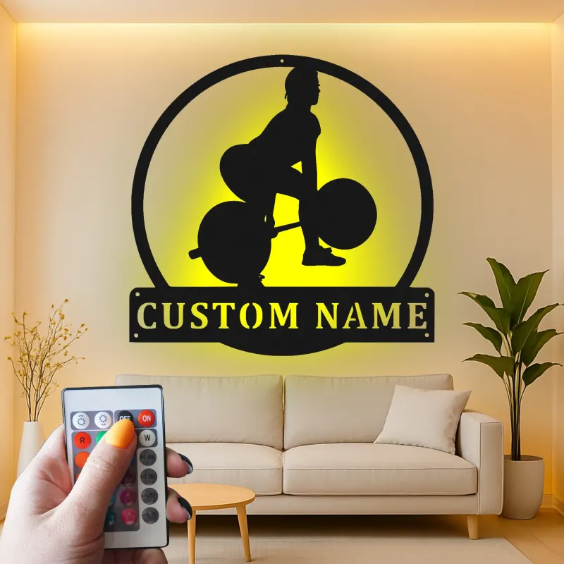 Décoration murale en métal personnalisée pour haltérophile avec rétroéclairage LED - Cadeau de fitness pour passionnés de gym
