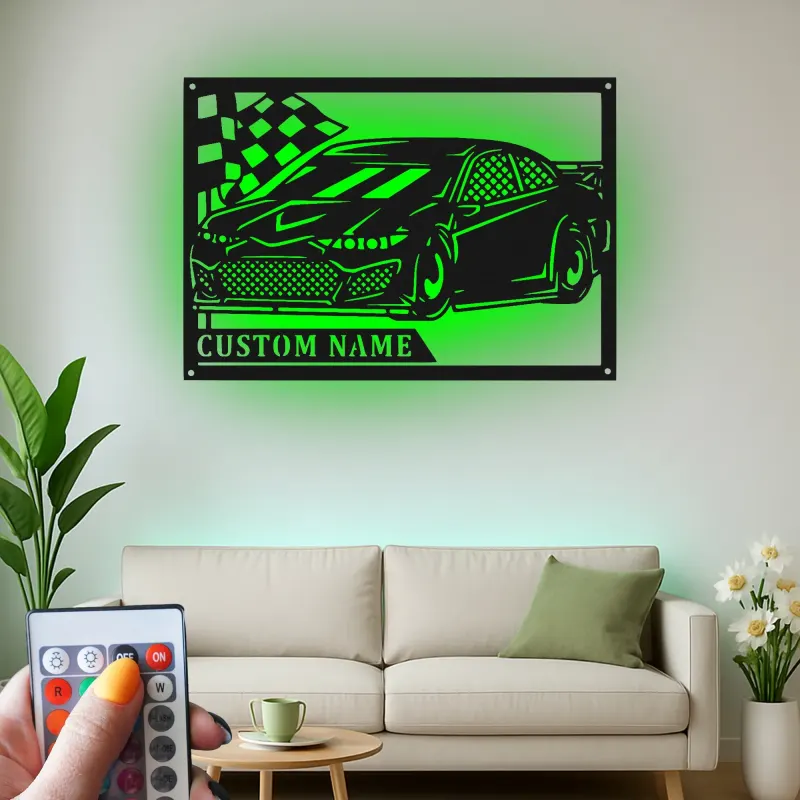 Personalized Race Car LED Sign | Custom Metal Wall Art for Garage | Gift for Car Enthusiast | Racing Decor