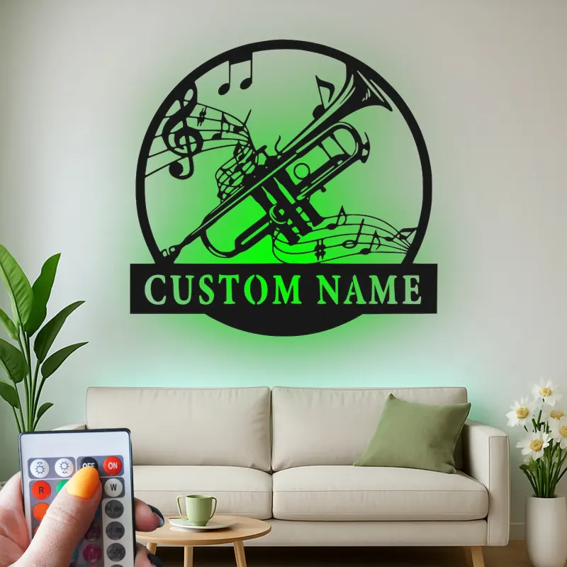 Cartel de metal LED con trompeta y notas musicales personalizado, regalo para músicos, decoración para estudio o sala de música