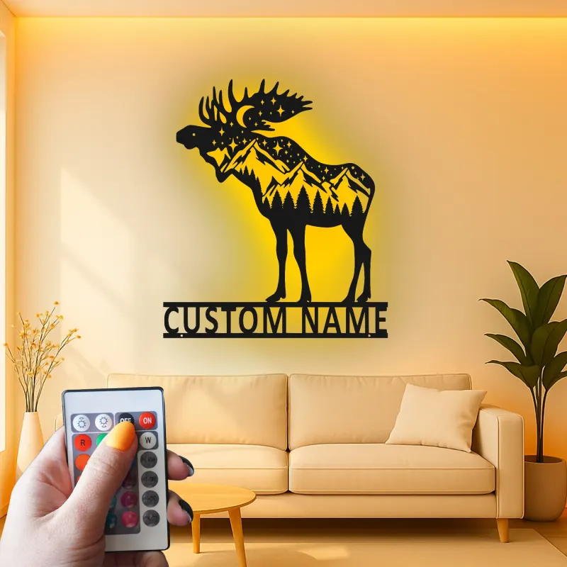 Panneau en métal personnalisé Élan | Décoration murale en métal LED personnalisée | Décor de cabane rustique pour amoureux de la nature