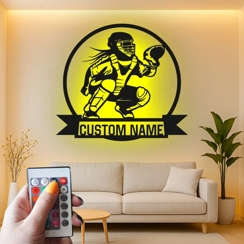 Cartel de metal personalizado de receptora de softball | Arte mural LED para habitación de chicas | Regalo personalizado con nombre de jugadora | Decoración deportiva para atleta femenina