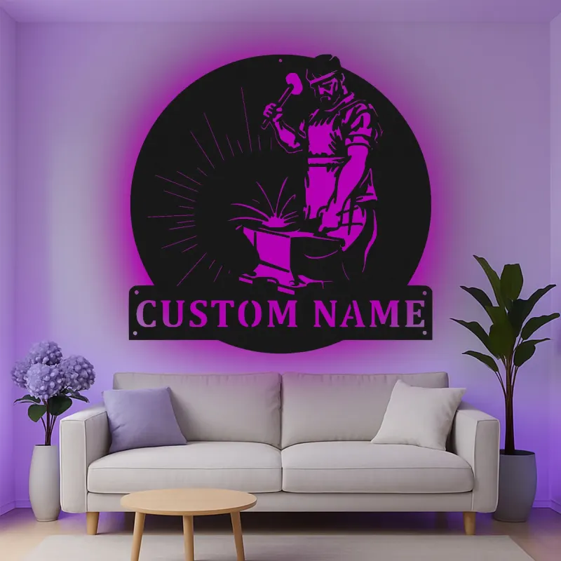 Décoration murale en métal personnalisée pour forgeron avec rétroéclairage LED - Cadeau pour artisans