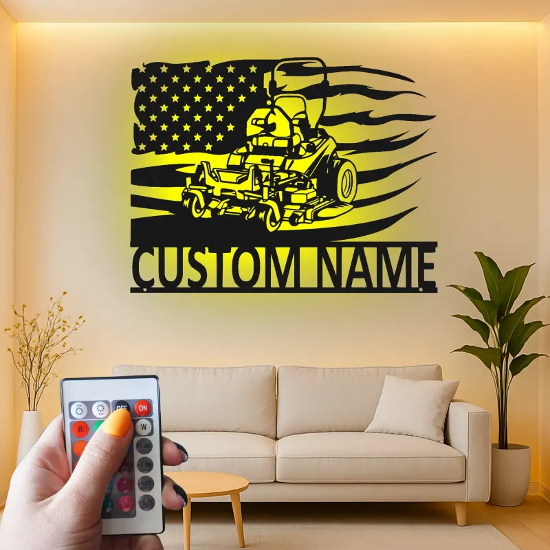 Cartel de Metal de Cortacésped | Decoración LED Personalizada para Paisajistas | Decoración de Bandera Americana con Nombre Personalizado | Regalo para Garaje y Jardín