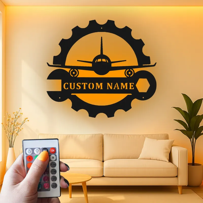 Personalisierte LED-Leuchte aus Metall mit Flugzeug und Zahnrad – Ein einzigartiges Geschenk für Piloten, ideal für Hangar oder Büro
