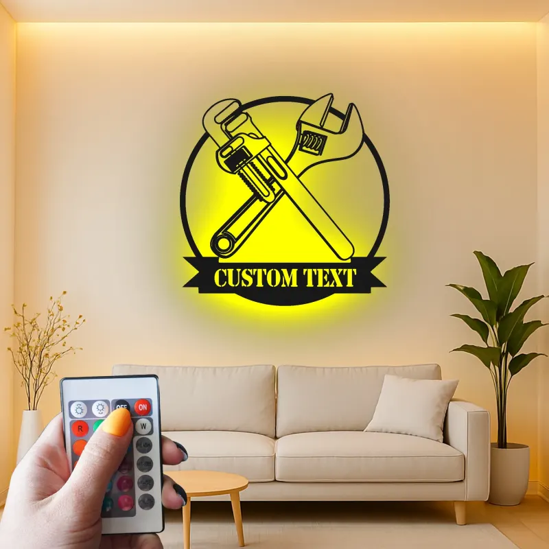 Décoration murale en métal personnalisée avec éclairage LED Clé et Clé à Pipe Cadeau pour Mécaniciens Décor de Garage Atelier