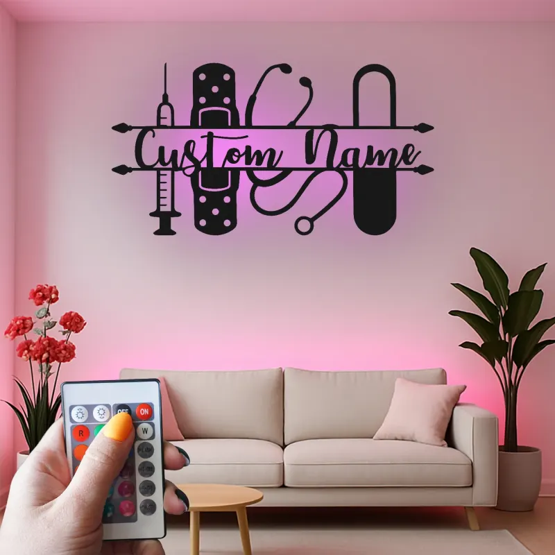 Personalized Nurse Name Sign with LED | Custom Medical Tools Metal Art | Clinic & Office Wall Decor | RN Graduation Gift