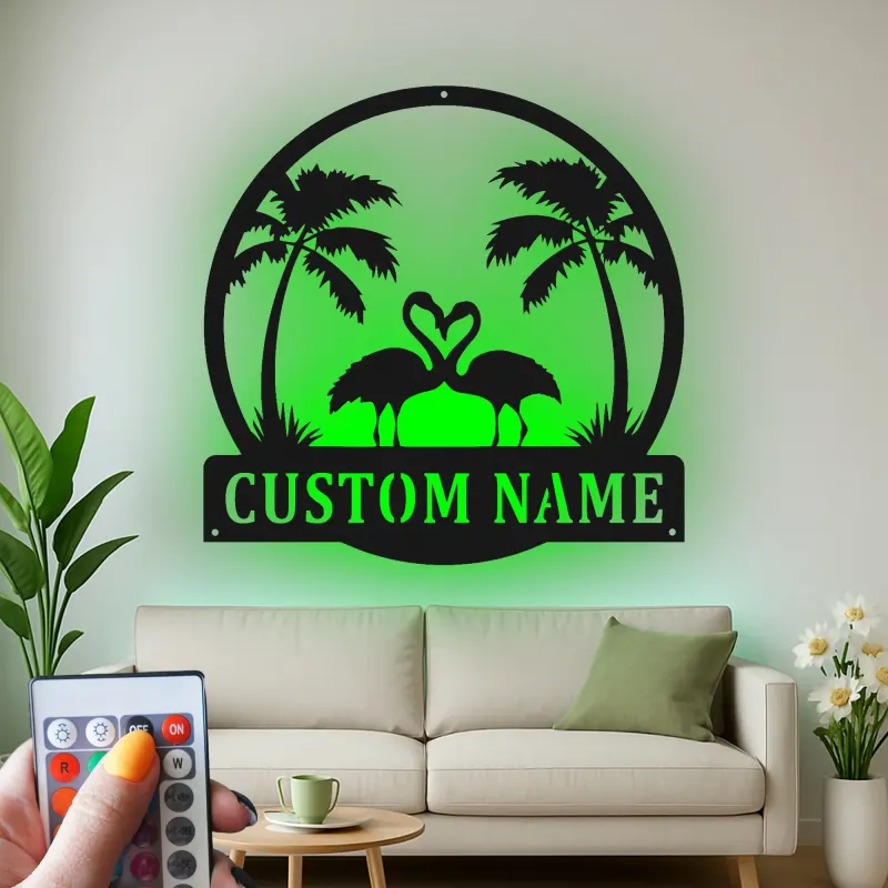 Panneau LED Couple Flamant Rose Personnalisé | Art mural en métal | Décor de maison de plage tropical pour cadeau d'anniversaire