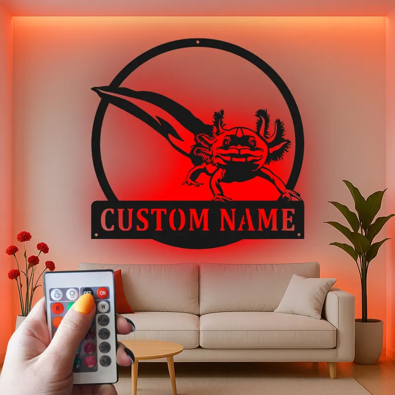 Insegna in metallo personalizzata con Axolotl e luce LED regalo unico per amanti degli anfibi decorazione per camera da letto o ufficio