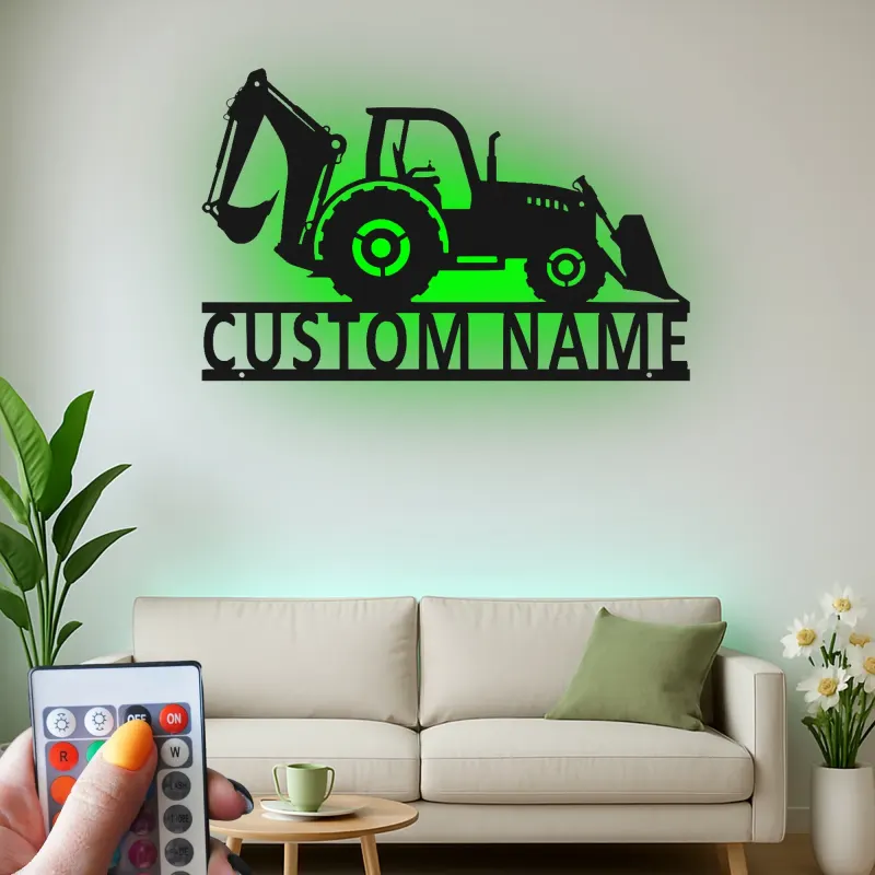 Custom Backhoe Tractor Led Light Metal Wall Art Personalized Gift for Construction Enthusiast Garage or Office Decor