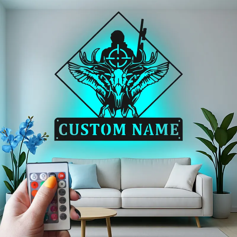 Enseigne LED personnalisée chasseur et crâne de cerf | Décoration murale en métal sur mesure pour chalet | Cadeau de chasse pour homme