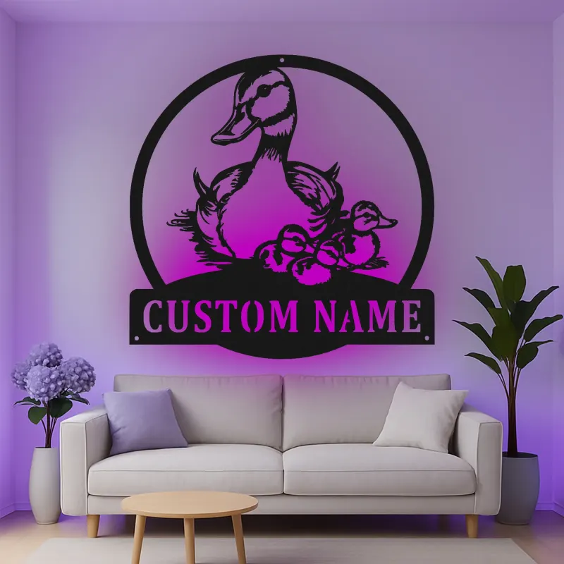 Cartel de metal personalizado con familia de patos y luz LED, regalo personalizado para amantes de la naturaleza, decoración para guardería o salón