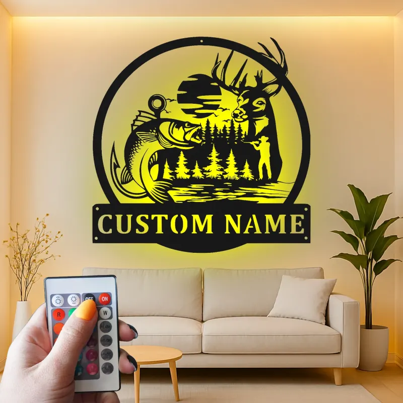 Custom Deer & Bass LED Metal Sign | Personalized Wildlife Wall Art | Rustic Cabin Decor | Hunter Fisherman Gift