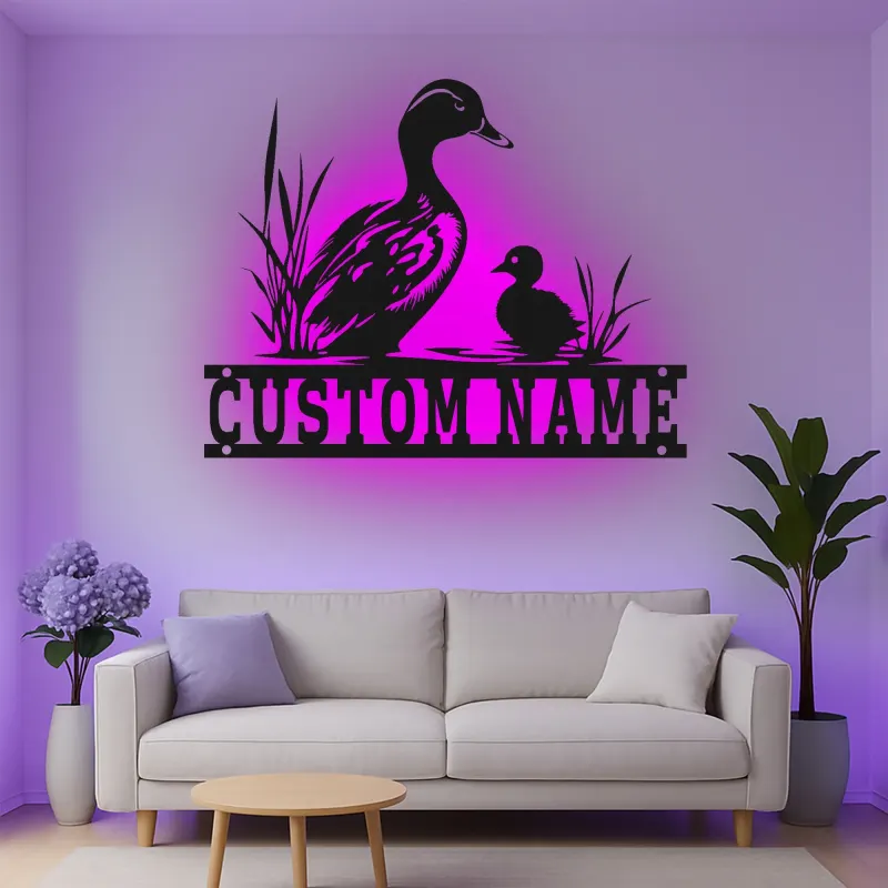 Custom Duck Family Led Light Metal Wall Art Personalized Nature Lover Gift Bedroom or Nursery Decor