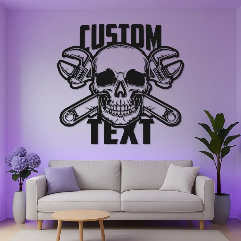 Mechanic Skull LED Sign | Custom Metal Wall Art for Garage | Personalized Man Cave Decor | Biker Bar & Workshop Gift Idea