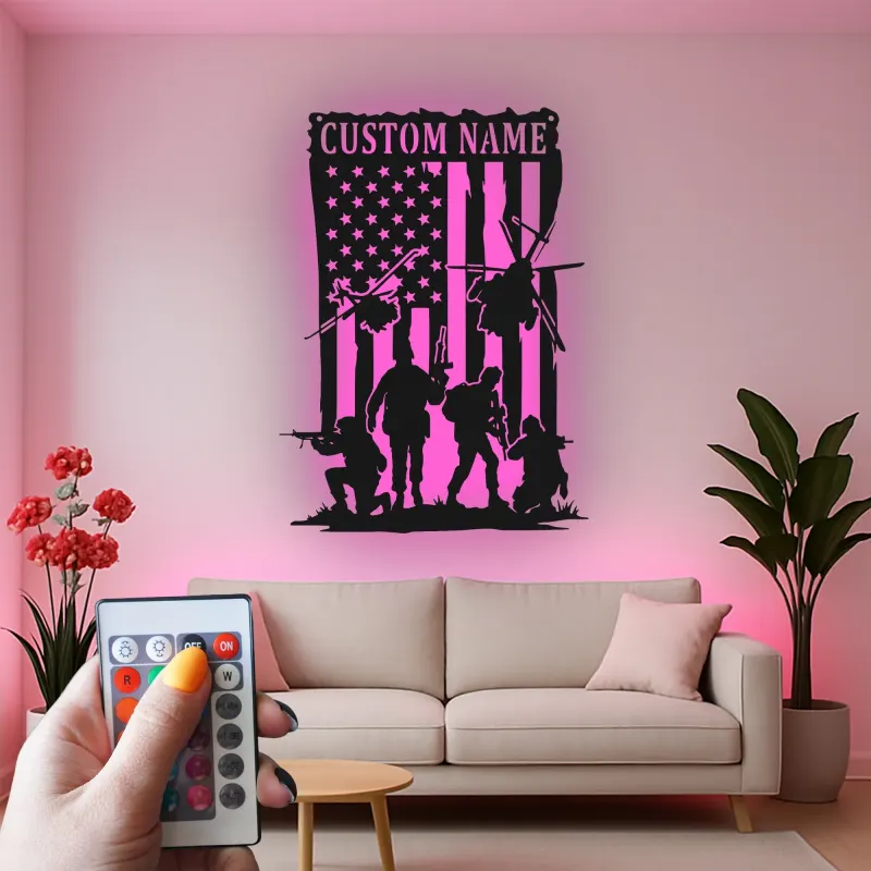 Panneau Militaire Personnalisé | Art en Métal Silhouette de Soldat | Décor LED Drapeau Américain pour Anciens Combattants