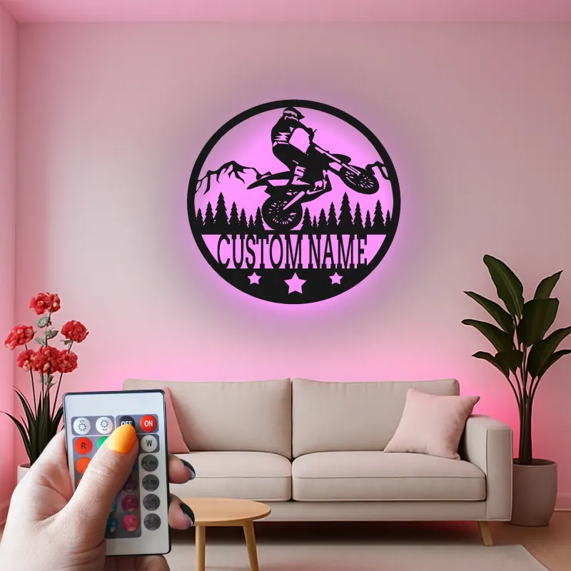 Custom Motocross Rider Led Light Metal Wall Art Personalized Gift for Dirt Bike Enthusiasts Garage or Man Cave Decor