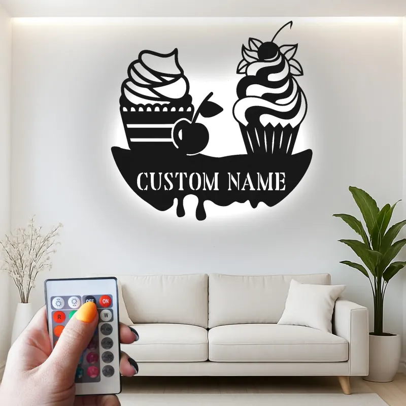 Décoration murale en métal personnalisée avec éclairage LED de cupcake - Décor de cuisine - Cadeau sucré pour les boulangers