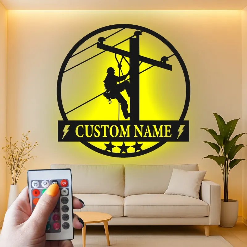 Décoration murale LED en métal Lineman | Cadeau personnalisé pour électricien | Plaque prénom sur mesure pour agent de réseau | Déco de man cave