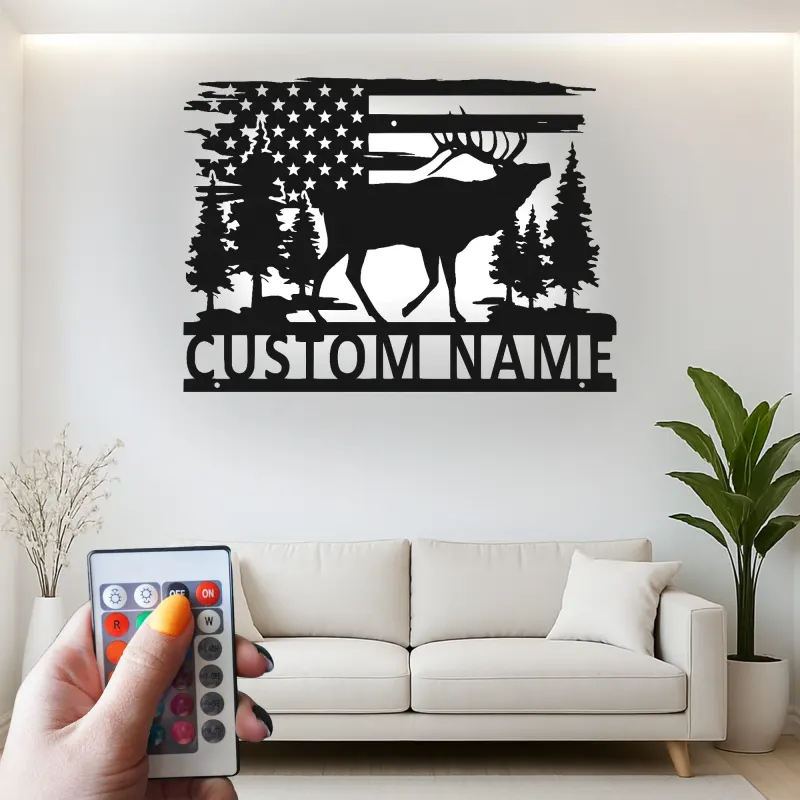 Insegna in metallo personalizzata con luce LED a forma di alce e bandiera americana, regalo per amanti della natura, decorazione per cabine rustiche