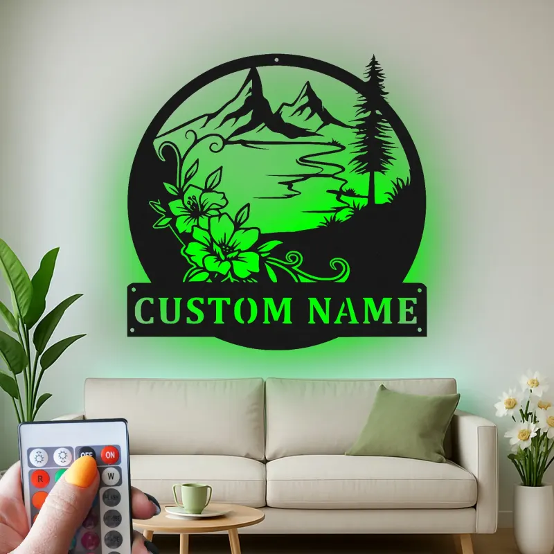 Custom Mountain Metal Wall Art | Personalized LED Name Sign with Floral Scene | Cabin Decor & Outdoor Lover Gift