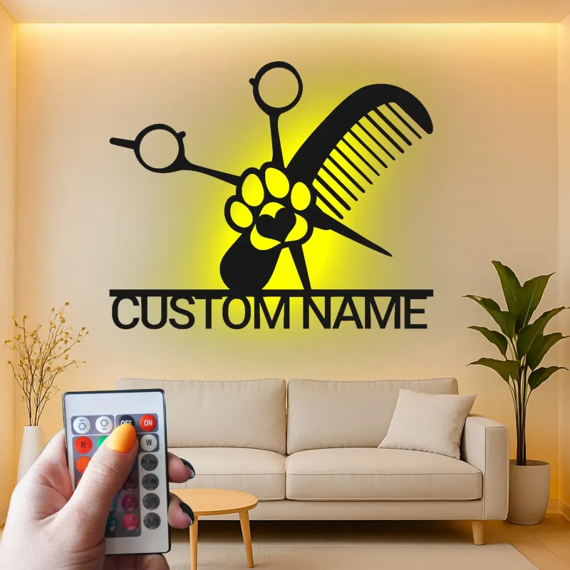 Personalized Pet Groomer Sign | Custom Metal LED Wall Art | Grooming Salon Decor with Name | Scissors & Comb Logo
