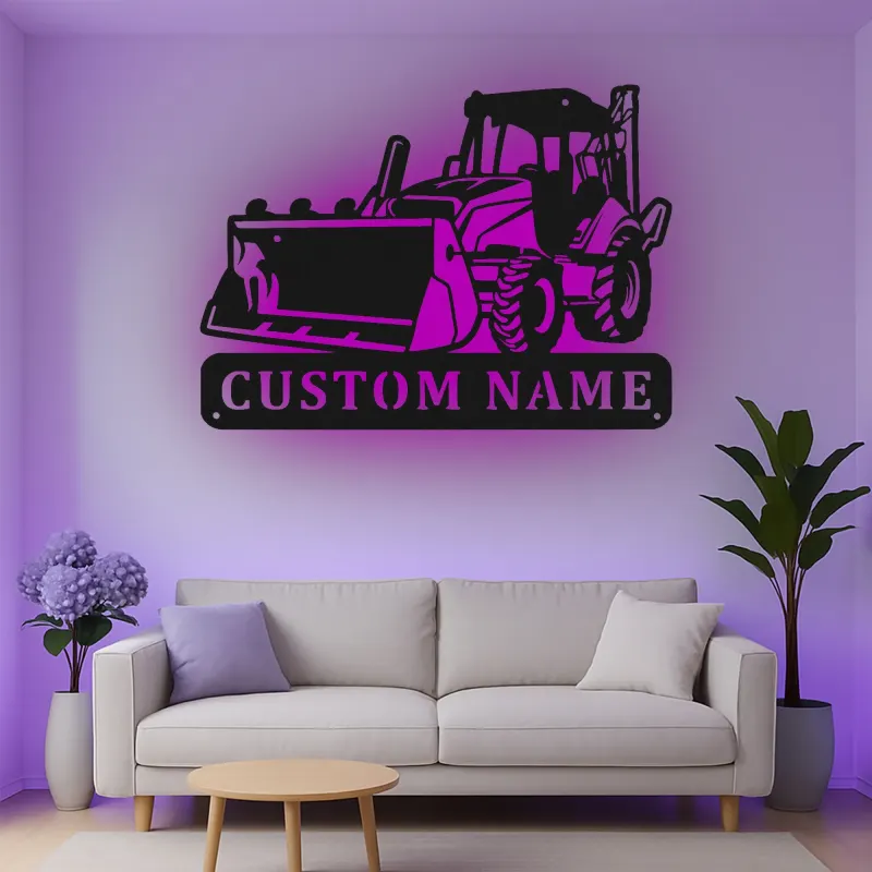 Décoration murale en métal personnalisée avec bulldozer rétroéclairé - Cadeau de construction pour lui - Décor de garage ou d'atelier