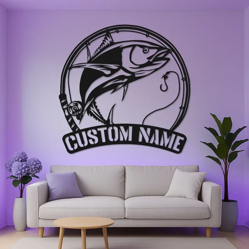 Insegna LED da pesca personalizzata | Insegna in metallo personalizzata | Decorazione con nome del pescatore per casa al lago e baita, idea regalo