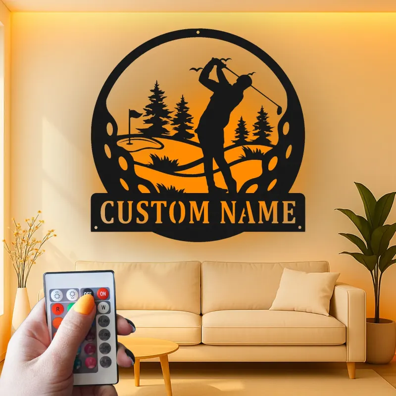 Decoración mural de metal LED de golf personalizada | Cartel con nombre de golfista para cueva masculina | Regalo decorativo retroiluminado para él