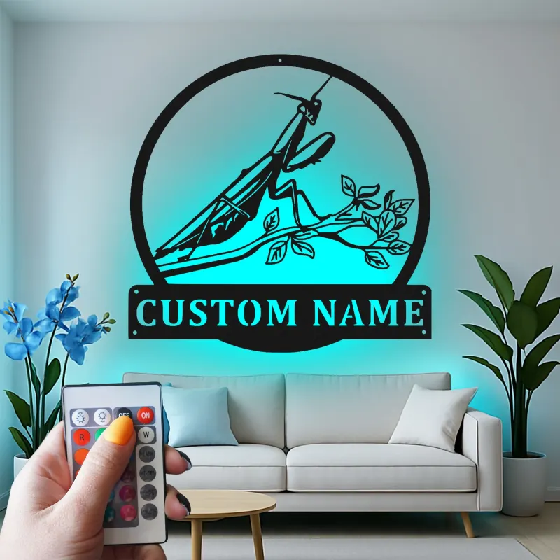 Praying Mantis LED Metal Art | Custom Name Sign for Garden Lovers | Realistic Insect Wall Decor