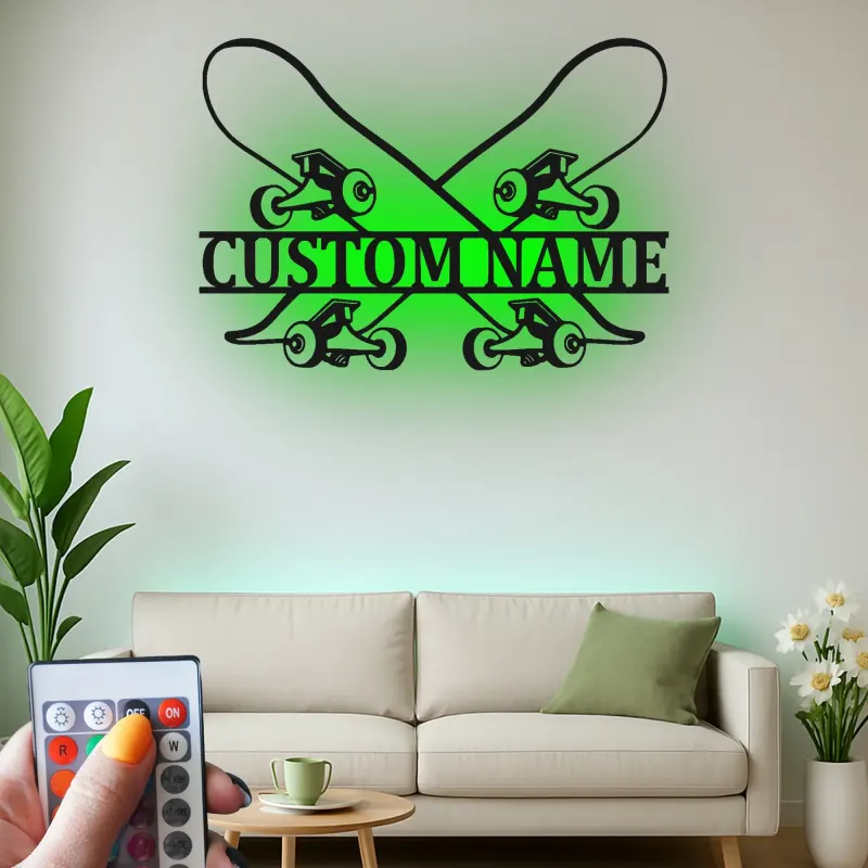 Personalisierte Skateboard LED-Licht Metall-Wandkunst Geschenk für Skater Jugendzimmer oder Skate-Shop Dekoration