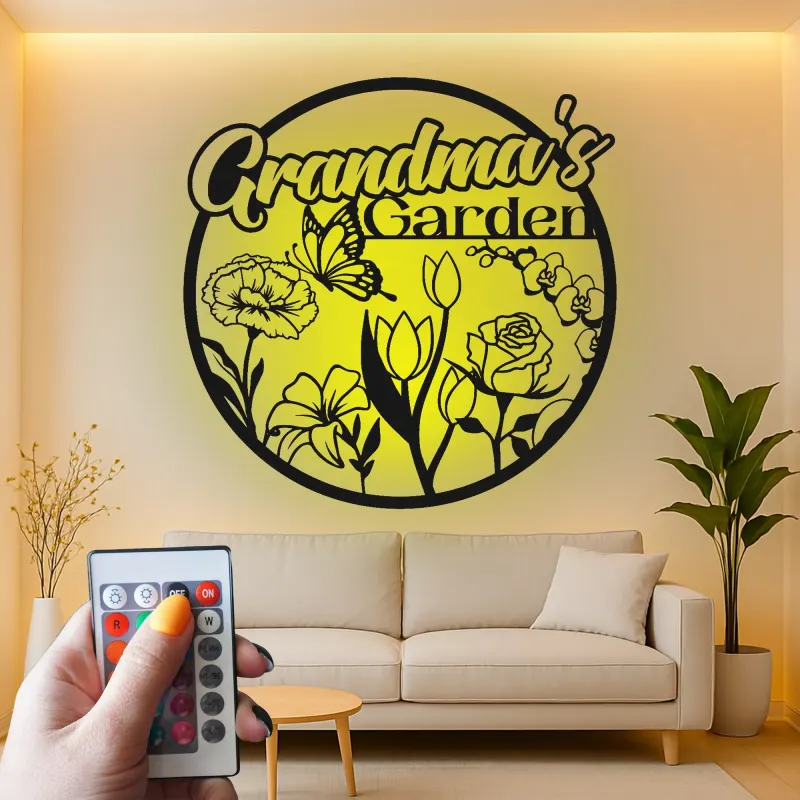 Cartel personalizado del jardín de la abuela | Arte mural de metal LED | Decoración floral de mariposa personalizada | Regalo del Día de la Madre para Nana