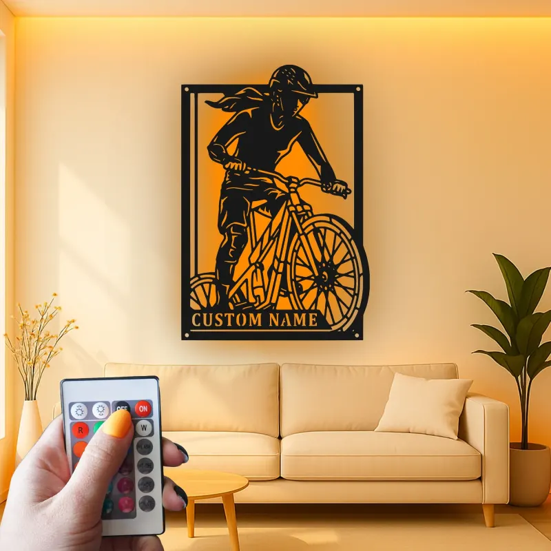 Custom Cyclist Led Light Metal Wall Art Personalized Gift for Biking Enthusiasts Garage or Man Cave Decor