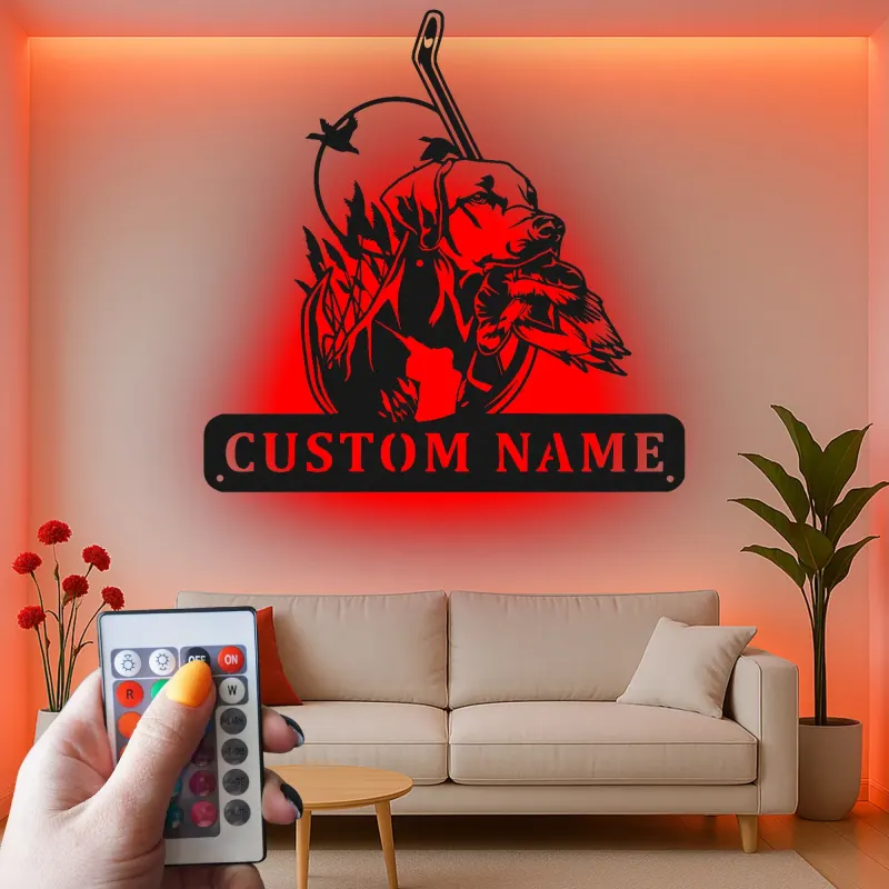 Insegna di Caccia Personalizzata Labrador | Arte da Parete in Metallo LED per Papà Cacciatore | Decorazione per Cani Anatra Personalizzata | Arte per Man Cave e Baita